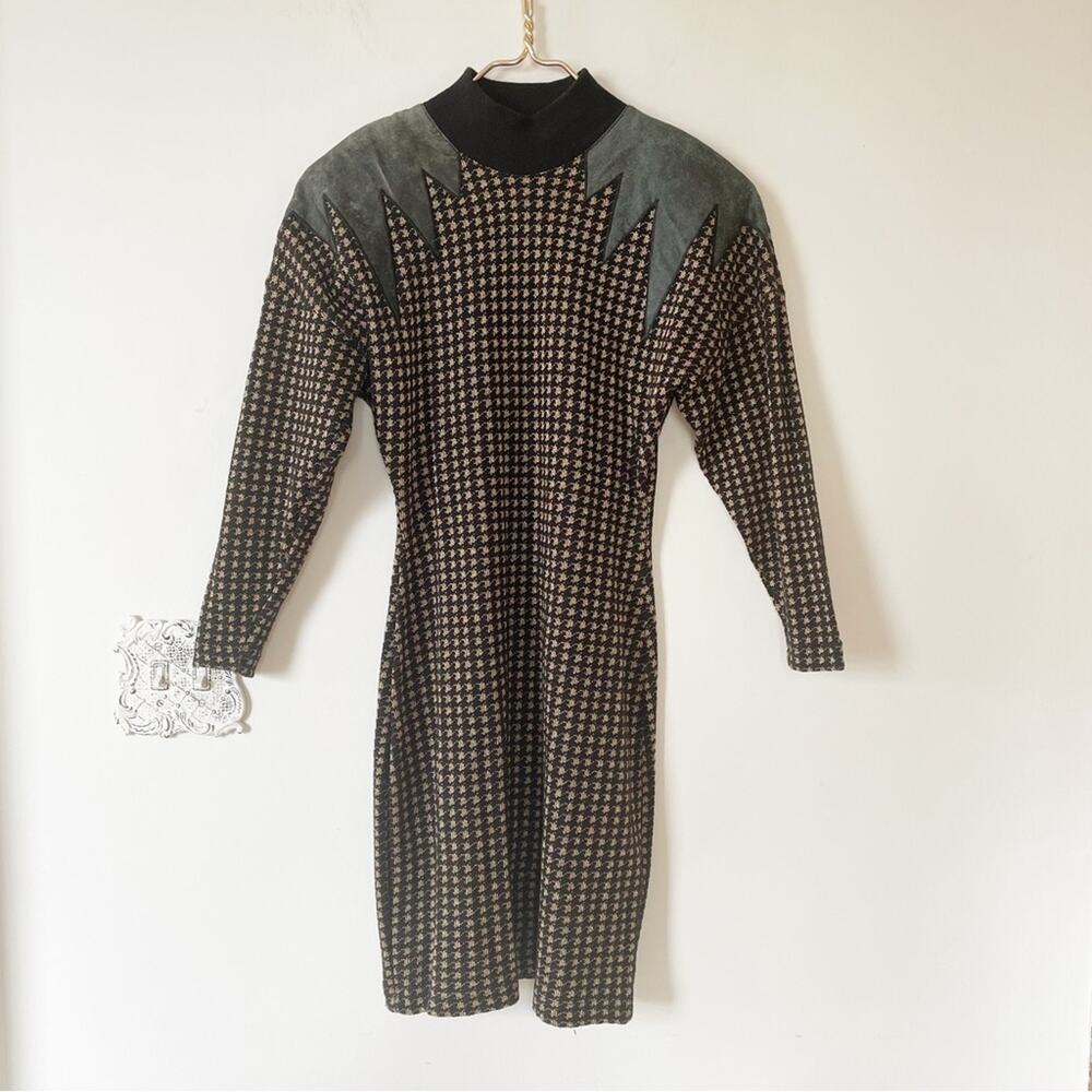 Vintage 80s Gold Metallic Houndstooth Bodycon Sweater Dress L